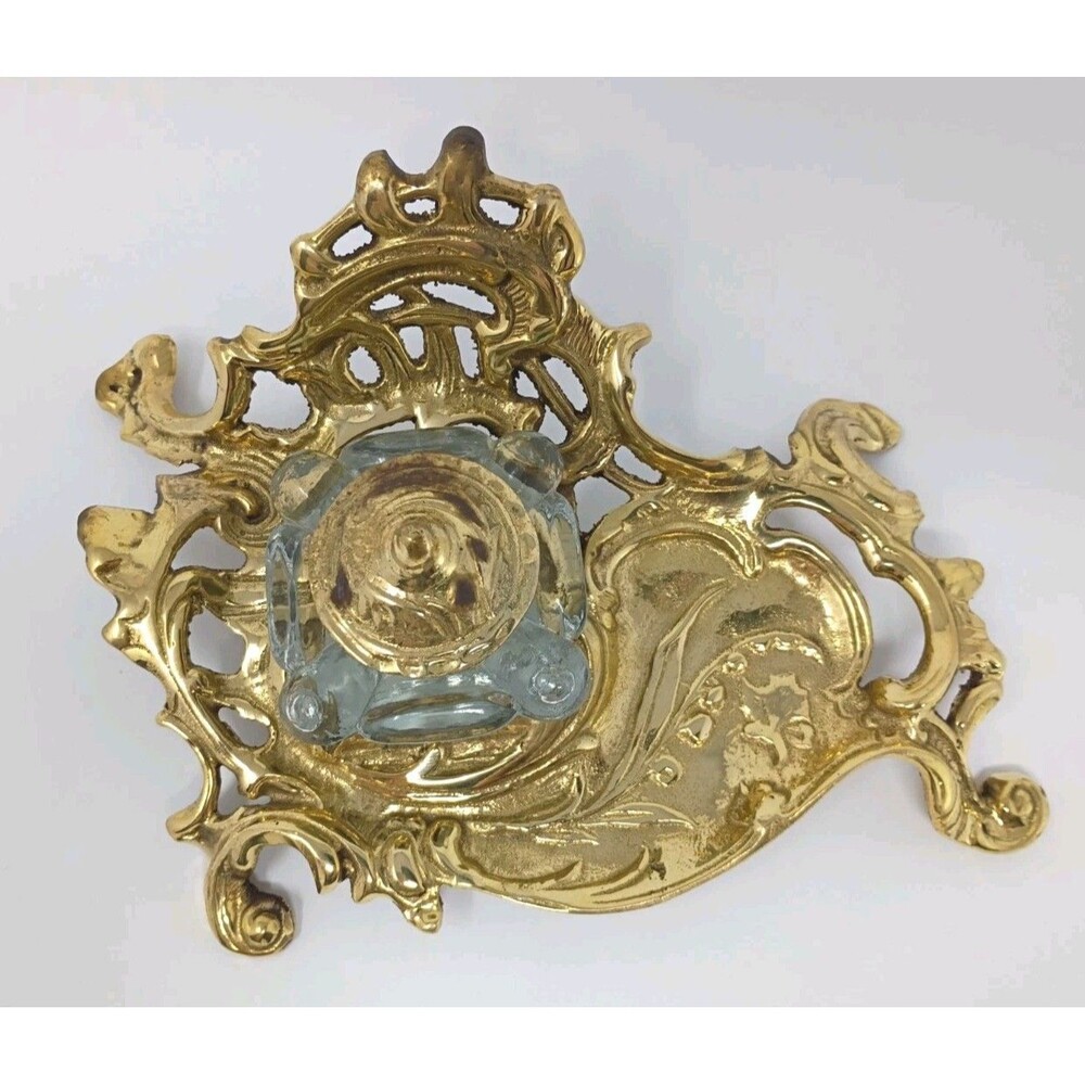 Antique Solid Brass Art Nouveau Writing Desk Set w/ Glass Inkwell - Picture 3 of 16